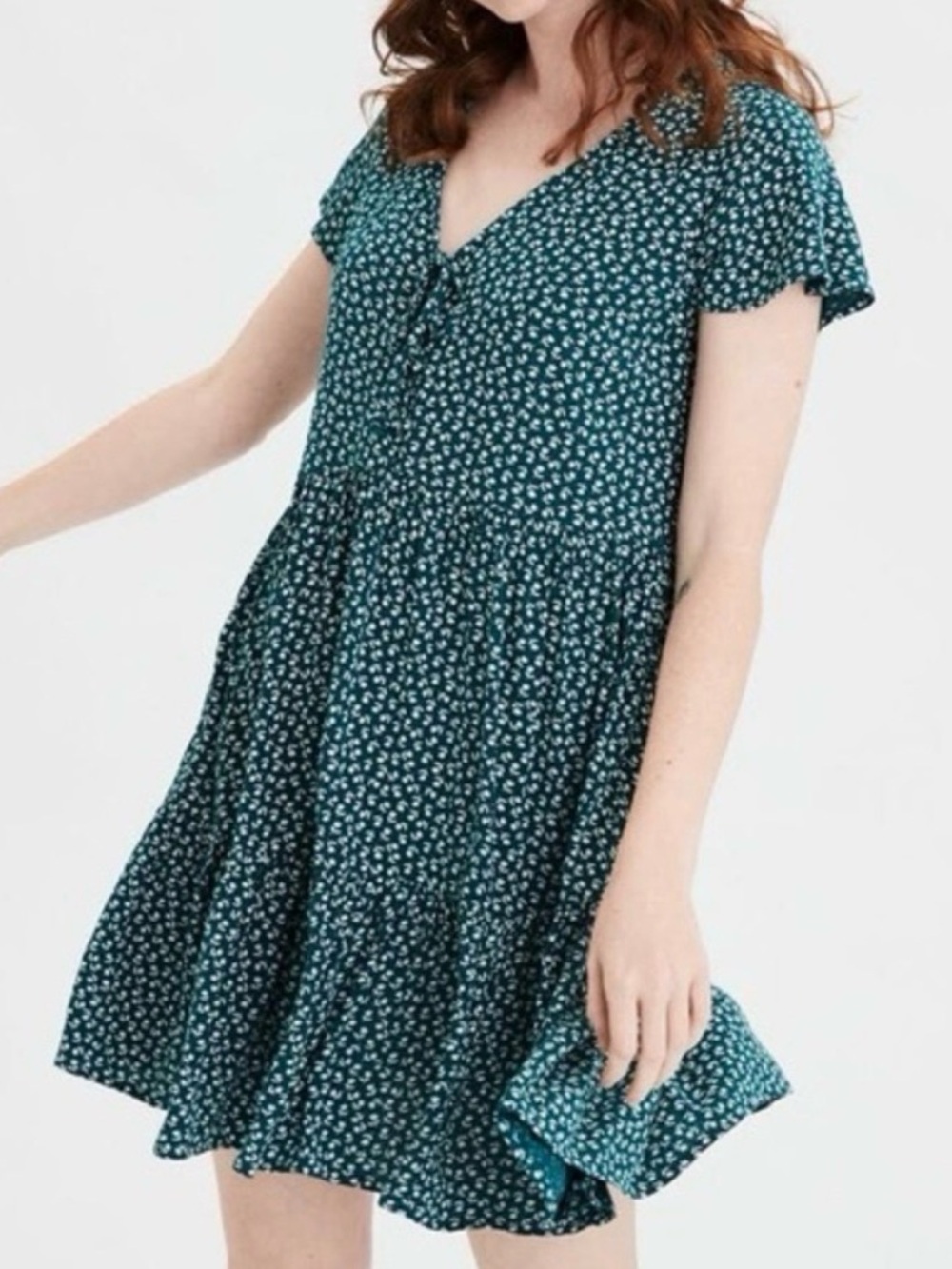 American Eagle boho babydoll Teal Floral tie keyhole tie Front Tiered Mini Dress